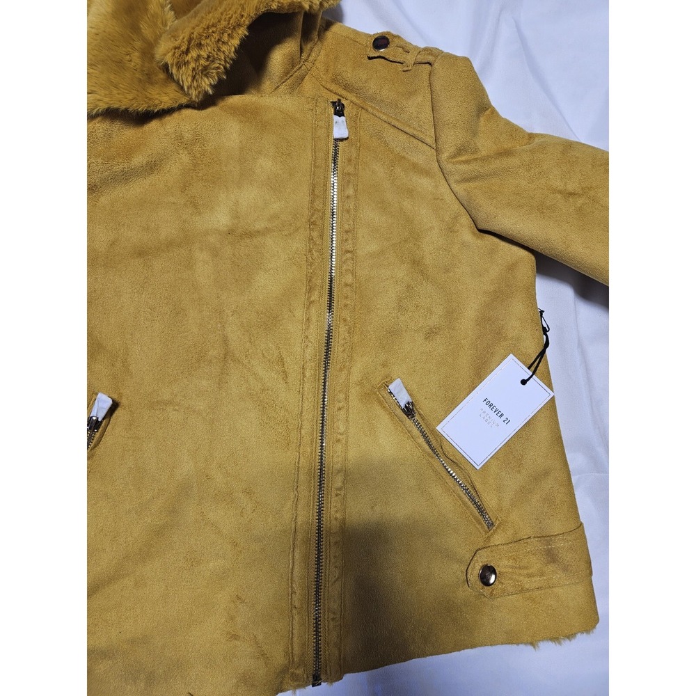 Womans Forever 21 Moto Jacket Size M Medium Yellow Mustard Sherpa Lined - Picture 5 of 9